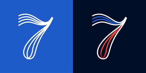 7 logo. Number seven sport style icon. Blue and red lines font. Patriotic emblem for Independence Day.