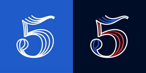 5 logo. Number five sport style icon. Blue and red lines font. Patriotic emblem for Independence Day.