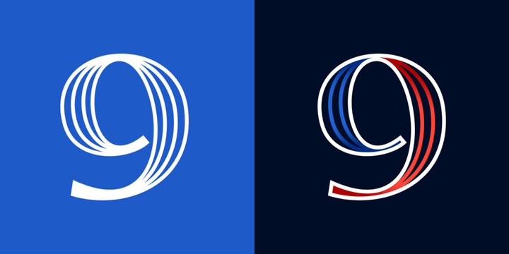 9 logo. Number nine sport style icon. Blue and red lines font. Patriotic emblem for Independence Day.