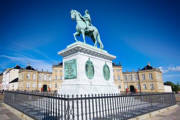 Equestrian statue of Frederick V in the center of the courtyard of Amalienborg Palace in...