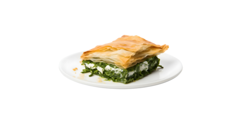 side view of Traditional greek spinach pie spanakopita with goat cheese put in white plate with PNG background