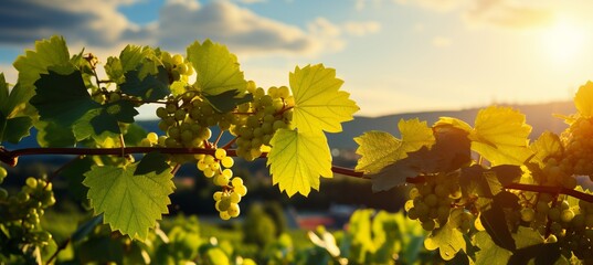 Sunlit grapevines in a picturesque vineyard, ideal for wine products or event promotions - obrazy, fototapety, plakaty