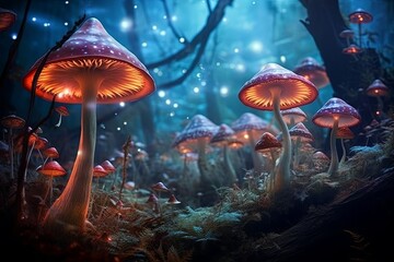 Fototapeta na wymiar Glowing mushrooms growing in magical forest.