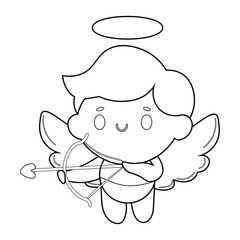 Vector outline illustration. Angel Cupid with a wings, bow and arrow. Amur, God of love. Black and white color linear icon.