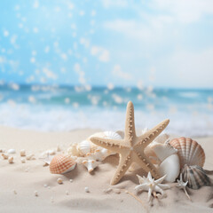 Fototapeta na wymiar A lone starfish and seashells adorn the sandy beach, creating a tranquil scene of marine invertebrates against the vast blue ocean and clear sky
