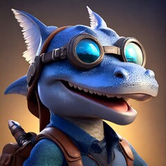 3D Illustration of a fantasy dragon with a helmet and goggles