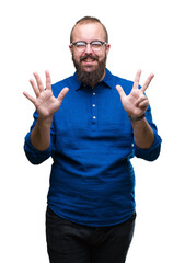 Naklejka premium Young caucasian hipster man wearing glasses over isolated background showing and pointing up with fingers number eight while smiling confident and happy.