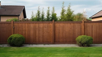 Nice wooden fence around house. Wooden fence with green lawn.