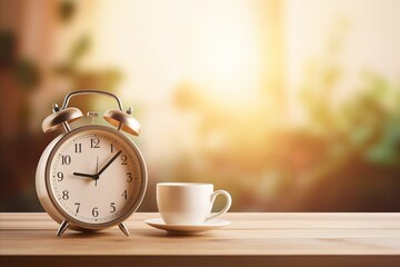 Morning tranquility  alarm clock and coffee on table with blurred background for text placement - obrazy, fototapety, plakaty
