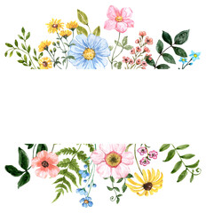 Wildflowers border features hand-painted watercolor summer flowers, plants, green grasses. Floral frame. PNG clipart.