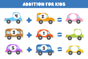 Educational math game for children. Addition for children with colorful cars. Solve the equations. A set of multi-colored cars in a cartoon style.