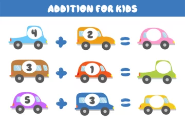 Fototapete Autorennen Educational math game for children. Addition for children with colorful cars. Solve the equations. A set of multi-colored cars in a cartoon style.