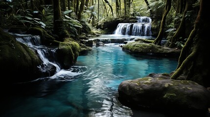 idyllic tropical paradise with waterfalls, parrots, and exotic flowers in full bloom