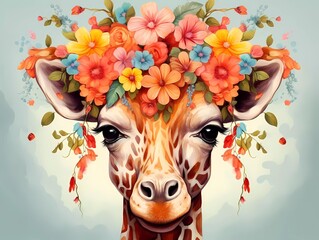 illustration of a colorful giraffe with a flower crown on its head. generative ai - obrazy, fototapety, plakaty