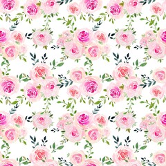 Floral pattern with pink roses, leaves. Watercolor