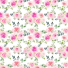 Fototapete Blumen Floral pattern with pink roses, leaves. Watercolor