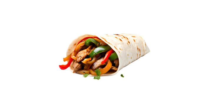 side view of delicious and fresh chicken fajita shawarma roll with pepper put on wooden piece and PNG background