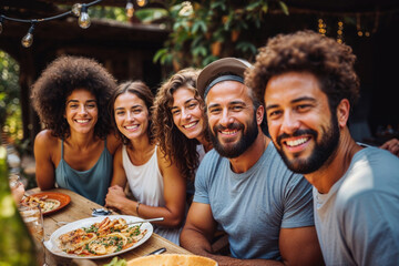 Group of friends smiling at a table with food. - obrazy, fototapety, plakaty