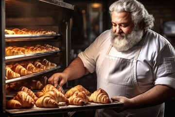 Baker with croissants. Oven - baked croissants on a baking metal tray