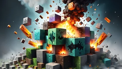 Fototapete Minecraft Eruption of minecraft world. Exploding Minecraft colorful cubes paint and splashes. Explosive colorful blocks. Exploding cubes. Minecraft world. Generative AI 