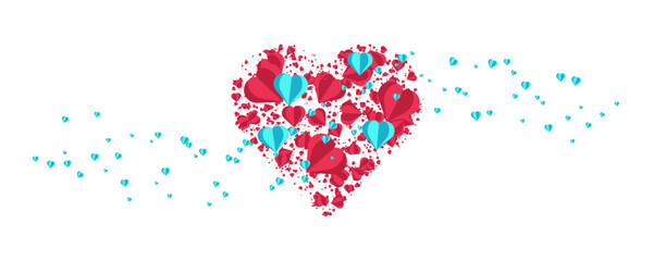 Romantic love hearts holiday design with red, pink and blue flying origami hearts isolated on transparent background. Horizontal greeting poster, flyer, card, header for website.