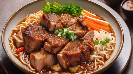 A bowl of pork knuckle noodles on white background