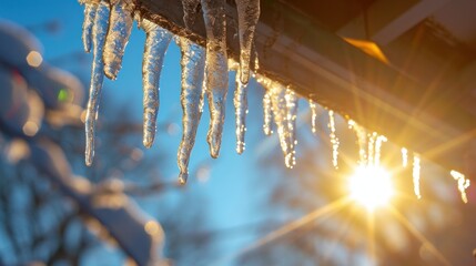 View of the sun reflecting off of icicles that are suspended from a roof 