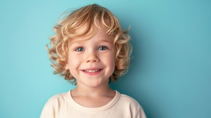 Portrait of a little boy with blond hair with a smile on his face, highlighted - obrazy, fototapety, plakaty