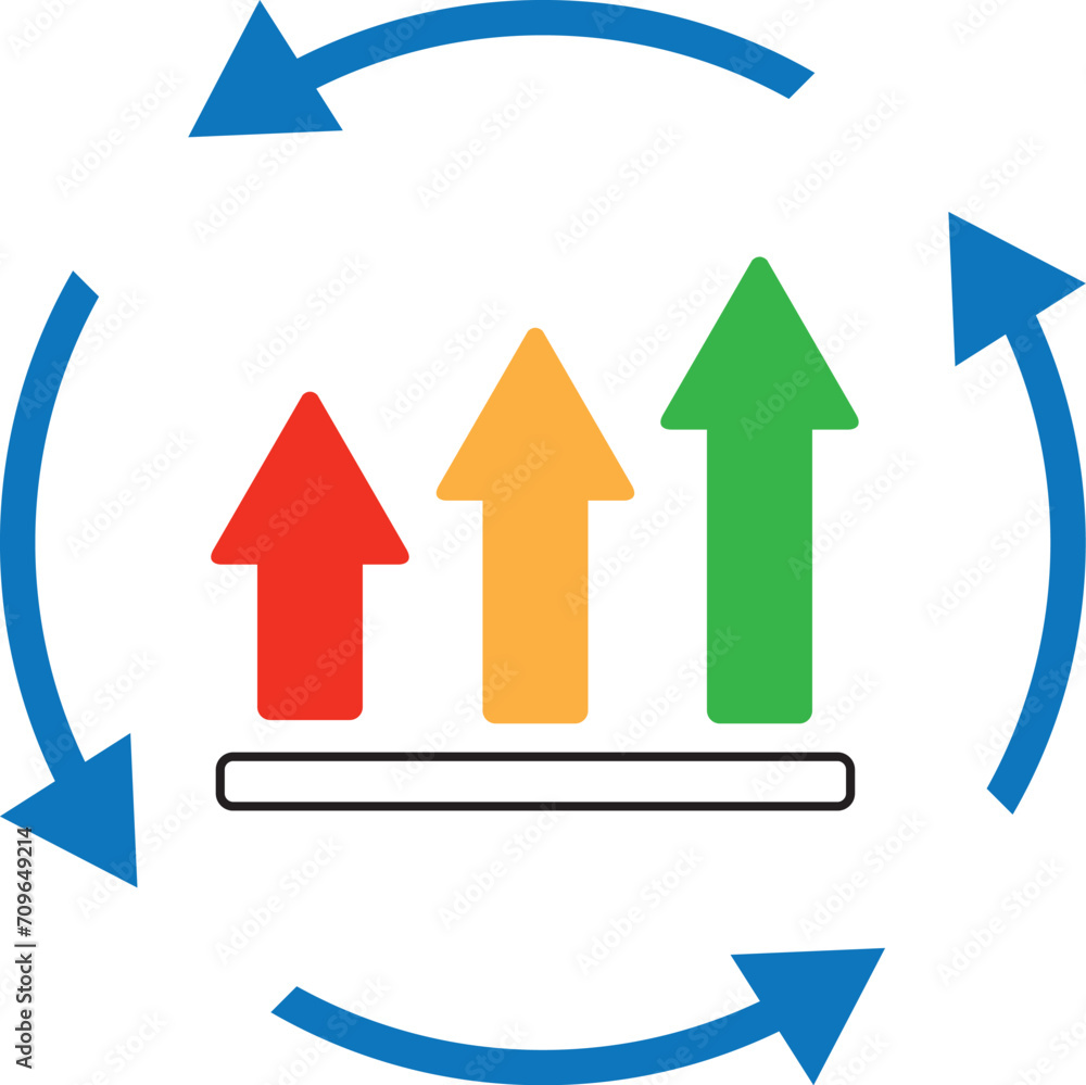 Poster a growth graph with circular arrows in line icon design, continuous improvement concept
