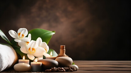 luxury dark brown spa resort or massage parlor composition with white orchids, towels, massage stones and candles, with enough space for promotional text