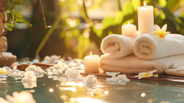 Luxurious exotic spa resort with candles, towels and stones for a relaxing massage against the backdrop of an outdoor pool in the rays of the setting sun and a relaxing background with copy space.
