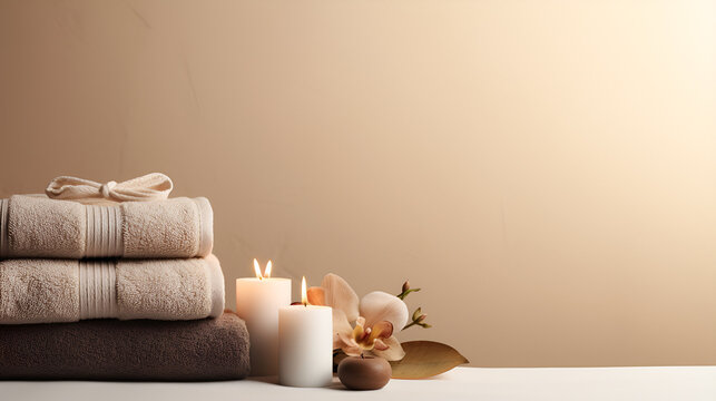 Cozy warm beige spa background for massage salon with orchids, lit candles and towels with large copy space on marble beige background.