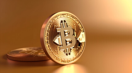 The shiny gold surface of Bitcoin reflects the monochrome gold background with copy space. symbolizing the success and wealth of the crypto currency market.