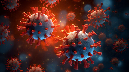Macro photo detailed image of the Influenza virus, Covid-19 Omicron on a blue background. Microbiology, microscopic image of a blue with red spikes AIDS virus, HIV on a background with copy space