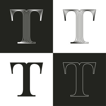 Luxury wedding T letter logo. Elegant classic serif font made of thin parallel lines. Decorative vintage emblem for Super Sale. VIP calligraphy for luxury Victorian invitation, lingerie, jewelry card.