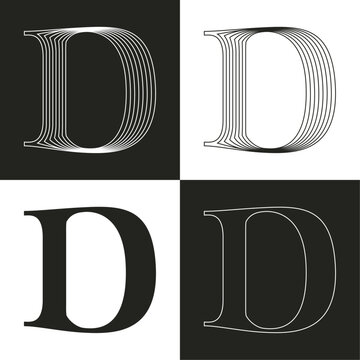 Luxury wedding D letter logo. Elegant classic serif font made of thin parallel lines. Decorative vintage emblem for Super Sale. VIP calligraphy for luxury Victorian invitation, lingerie, jewelry card.