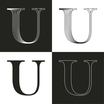 Luxury wedding U letter logo. Elegant classic serif font made of thin parallel lines. Decorative vintage emblem for Super Sale. VIP calligraphy for luxury Victorian invitation, lingerie, jewelry card.