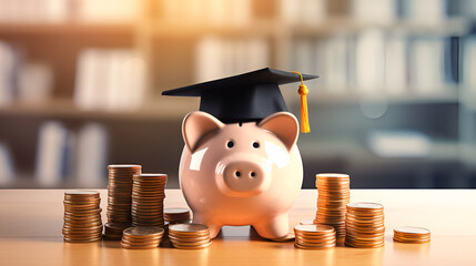 Black Graduation hat on a piggy bank, with gold coins on the background of a university library with copy space. Saving money for education or scholarship. Installment plan for studying 