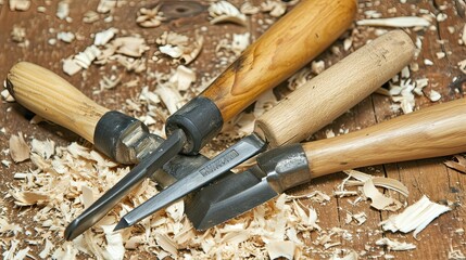A set of chisels, worn with use, resting against a backdrop of sawdust and wood shavings.