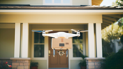 Effortless delivery right to your door: a drone with glowing red navigation lights carries a parcel, illustrating the future of e-commerce logistics.