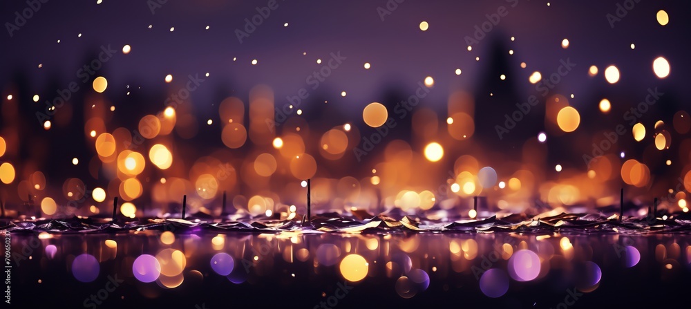 Poster elegant purple and violet glitter bokeh background with shining gold texture and sparkling particles