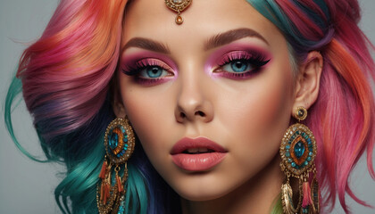 Woman with bright pink makeup and colorful hair. AI generated