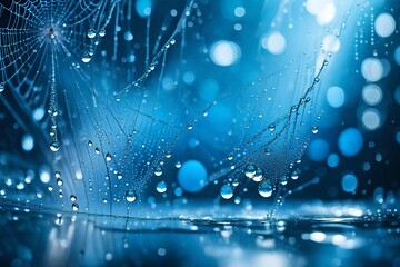 water drops background, Abstract composition with blue, water drops, spiderwebs and bokeh