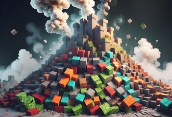 Eruption of minecraft world. Exploding Minecraft colorful cubes paint and splashes. Explosive colorful blocks. Exploding cubes. Minecraft world. Generative AI 
