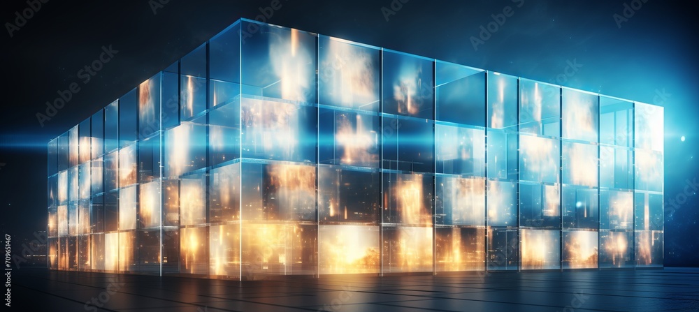 Poster blurred bokeh backdrop with futuristic digital screens and interface elements in a high tech concept