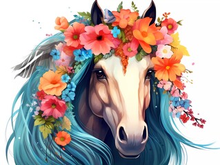 illustration of a colorful horse with a flower crown on its head. generative ai