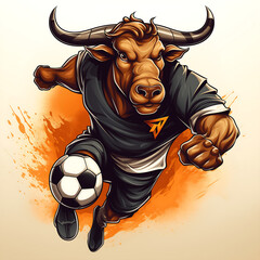 Stylized bull character playing soccer, ideal for sporting logos