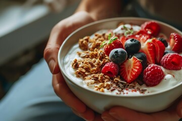 A macro shot of hands preparing a healthy breakfast bowl, layering yogurt, granola, and fresh berries. The focus is on the vibrant colors and textures of the ingredients.