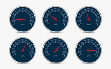 Illustration of speedometers with red pointer, white numbers and chrome circular frame.