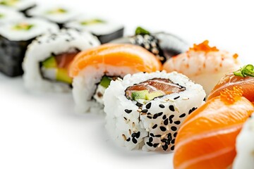 An isolated white background highlights a macro view of an artfully arranged sushi selection in a studio setting. The focus is on the exquisite details, showcasing the craftsmanship.